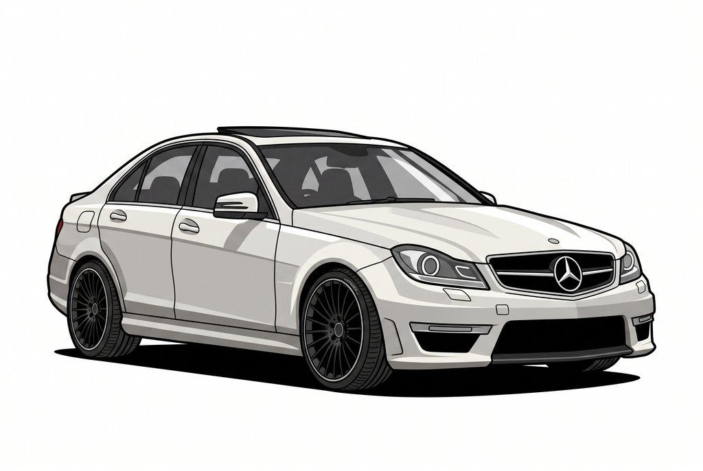 Custom car artwork of a white Mercedes C63 AMG